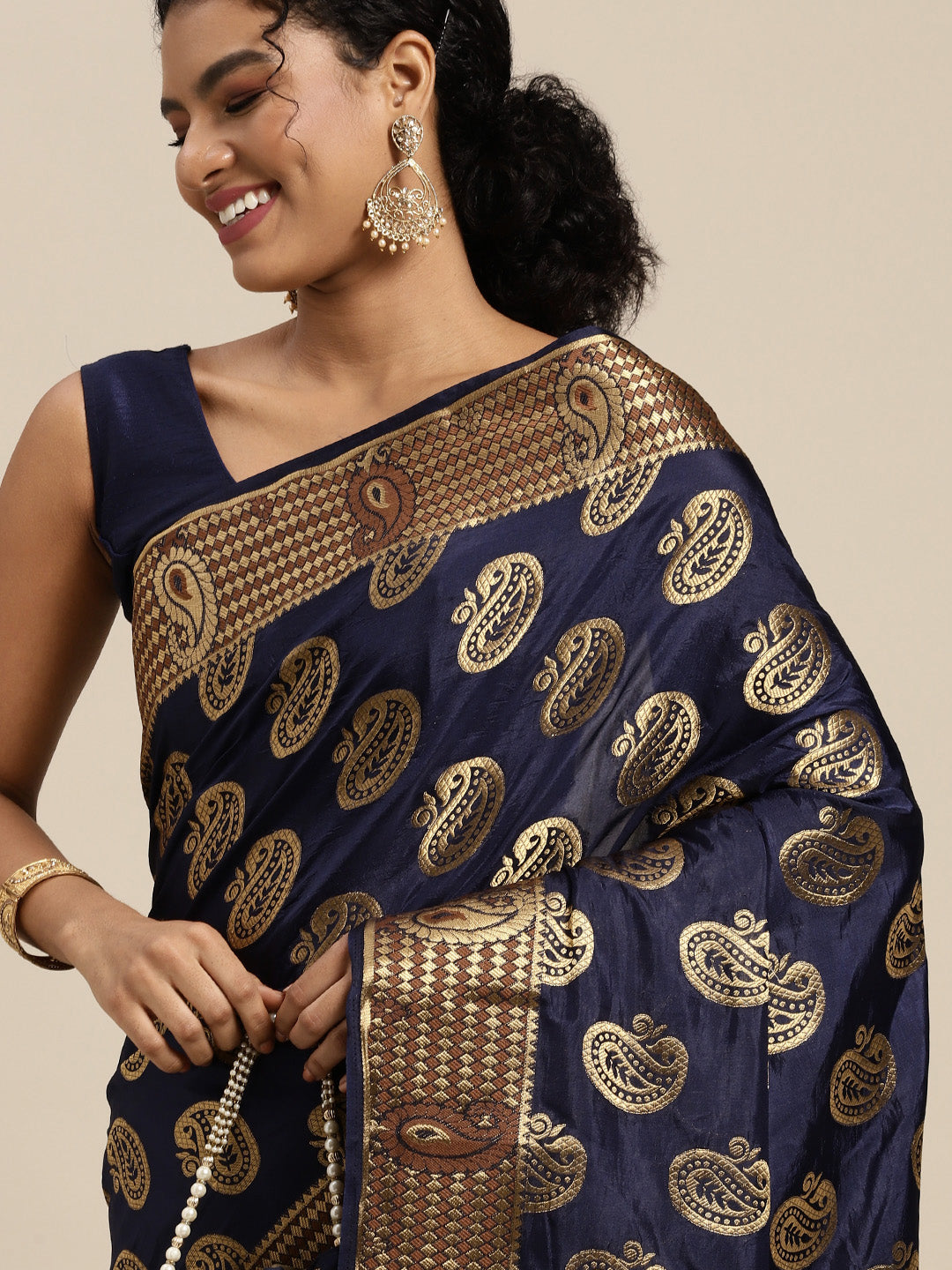 Mimosa Womens Art Silk Saree Kanjivaram Navy Blue Color