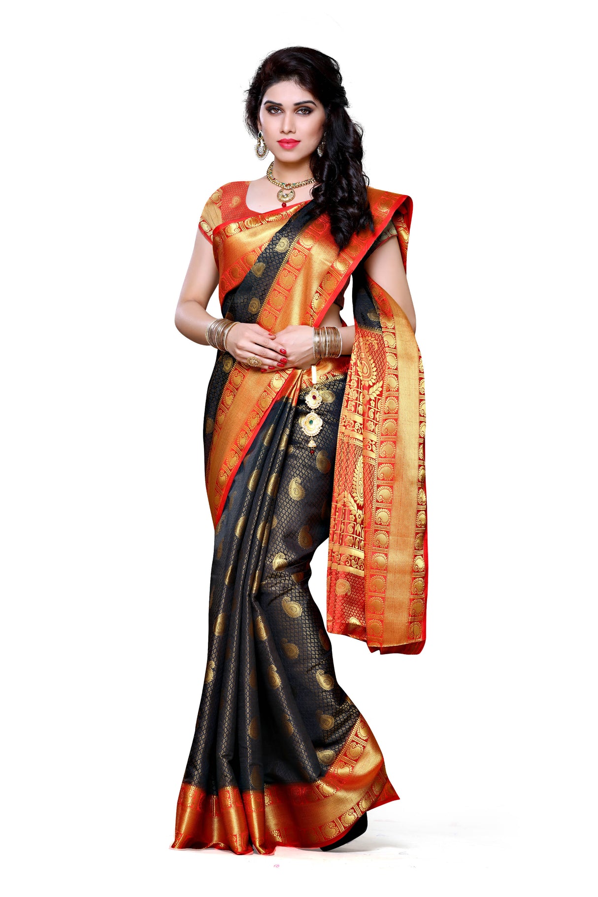 Mimosa Womens Art Silk Saree Kanjivaram Black Color