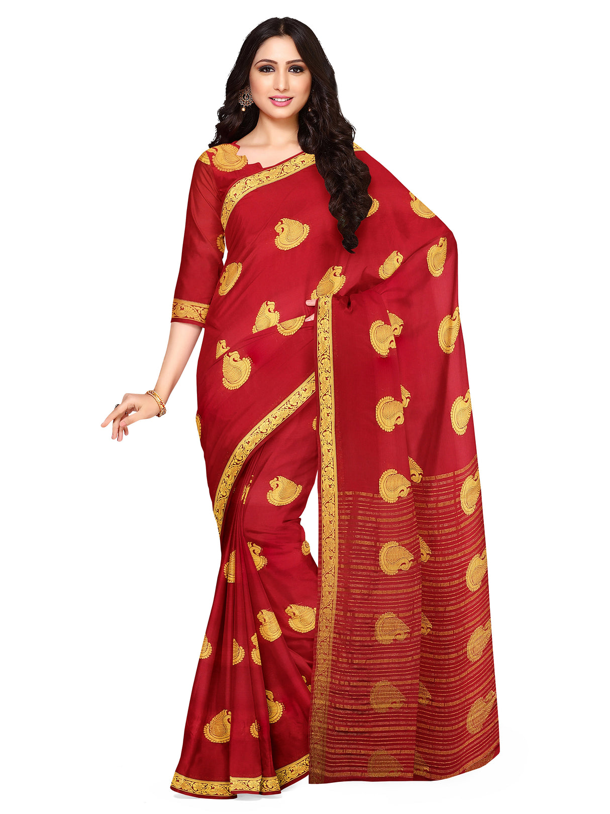 Mimosa Womens Crepe Saree Mysore Silk Maroon Color