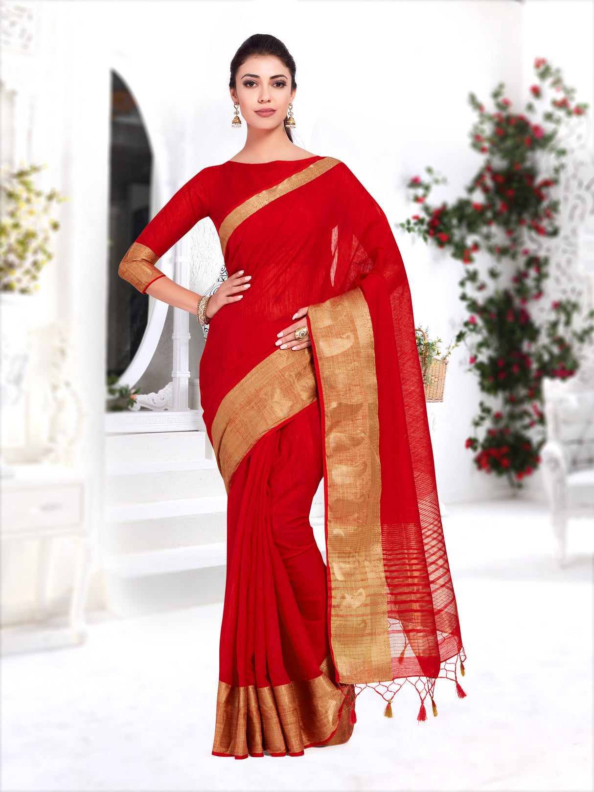 Mimosa Womens Linen Saree Kanjivaram style Red Color