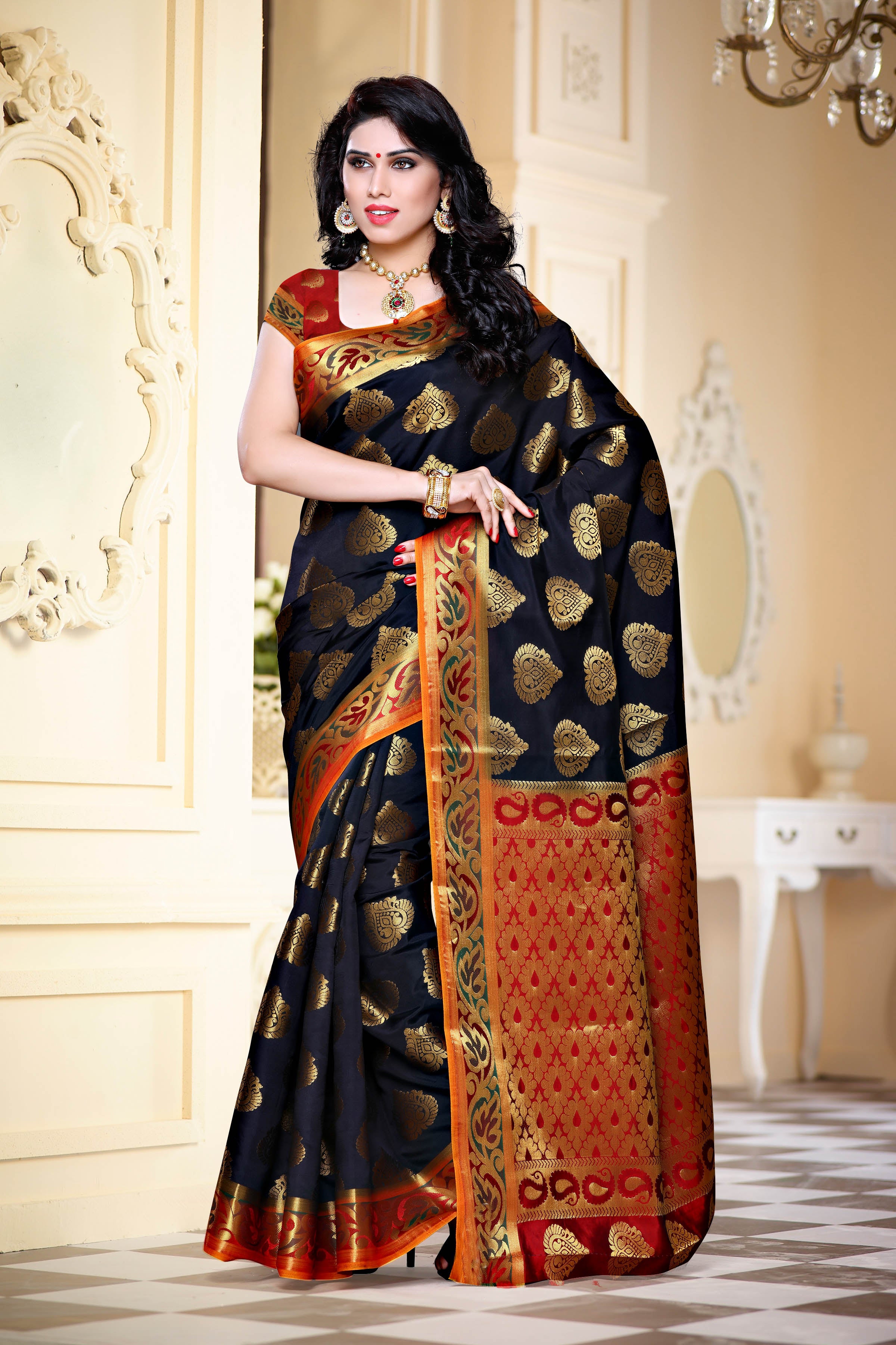 Buy Marvish Women's Kanjivaram Soft Lichi Silk Saree With Blouse Piece (LV  BLACK MANGO) at Amazon.in