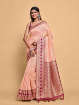 Mimosa Women's Woven Design Kanjivaram Linen Saree With Blouse Piece : SA00001233PNKFREE