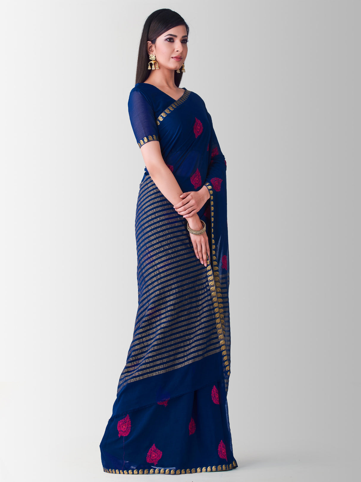 Mimosa Womens Chiffon Saree Banarasi style Navy Blue Color