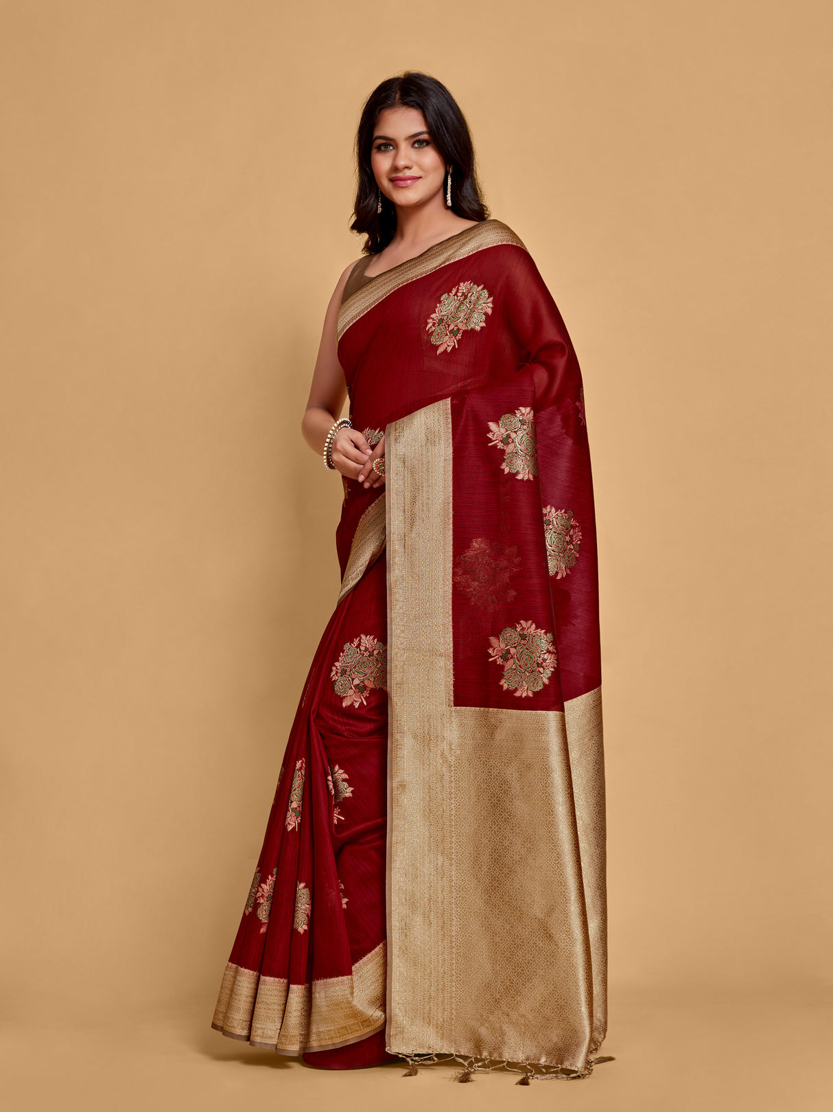 Mimosa Women's Woven Design Kanjivaram Linen Saree With Blouse Piece : SA00001231MRFREE