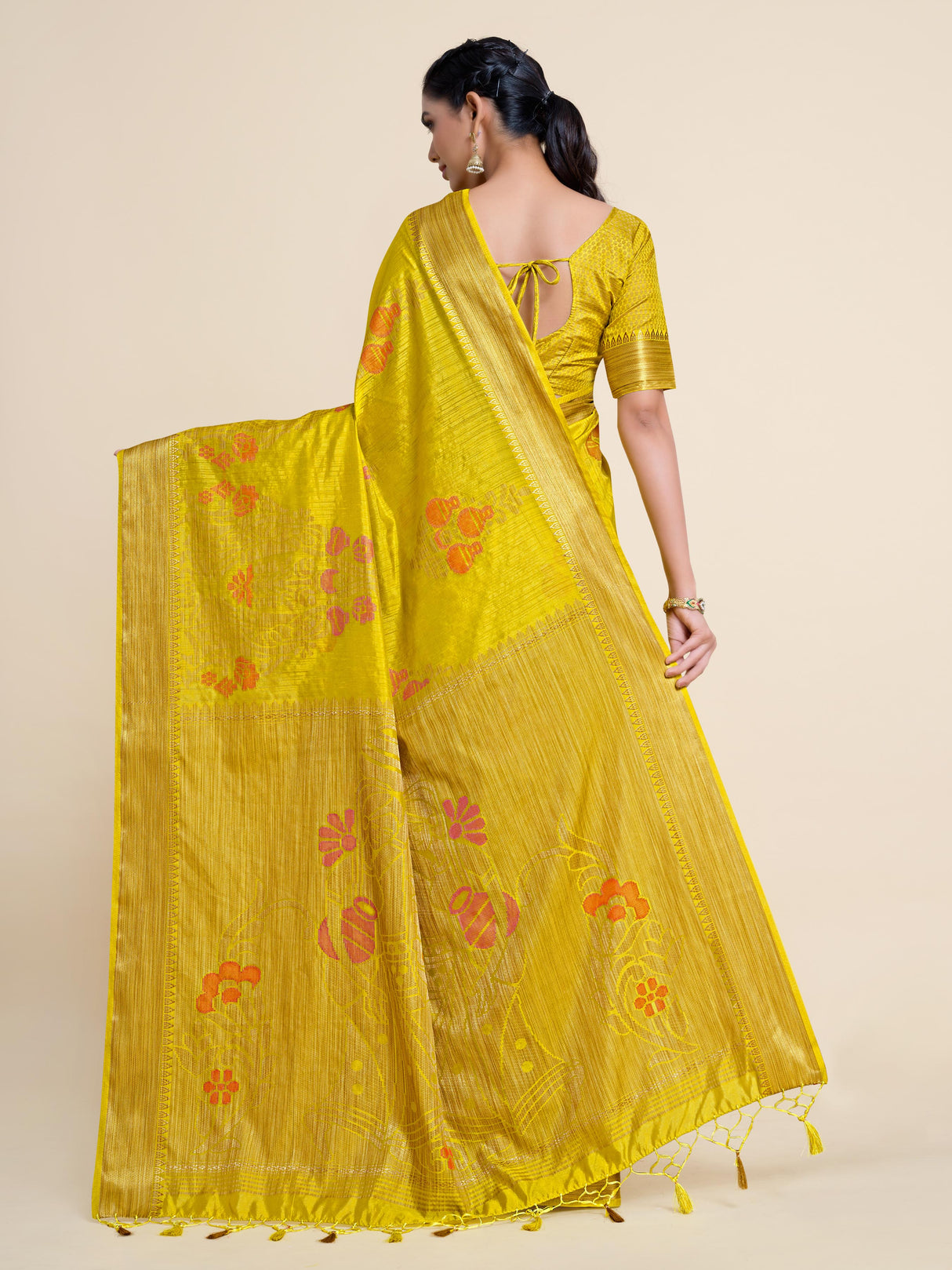 Mimosa Womens Art Silk Saree Kanjivaram Yellow Color