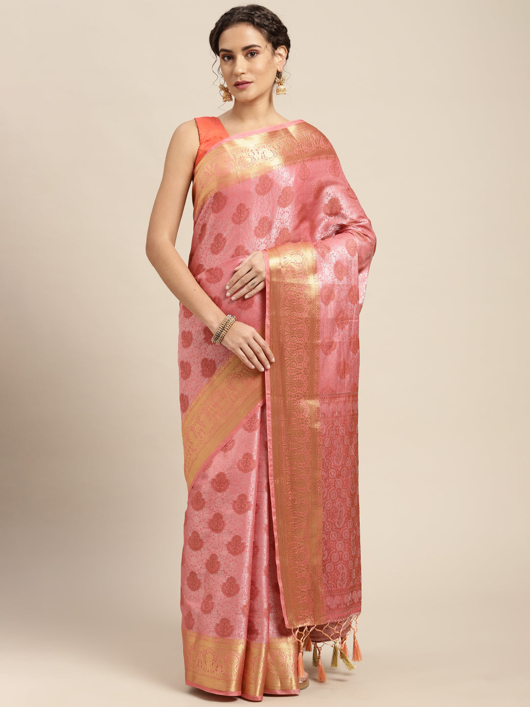 Mimosa Womens Art Silk Saree Kanjivaram Pink Color