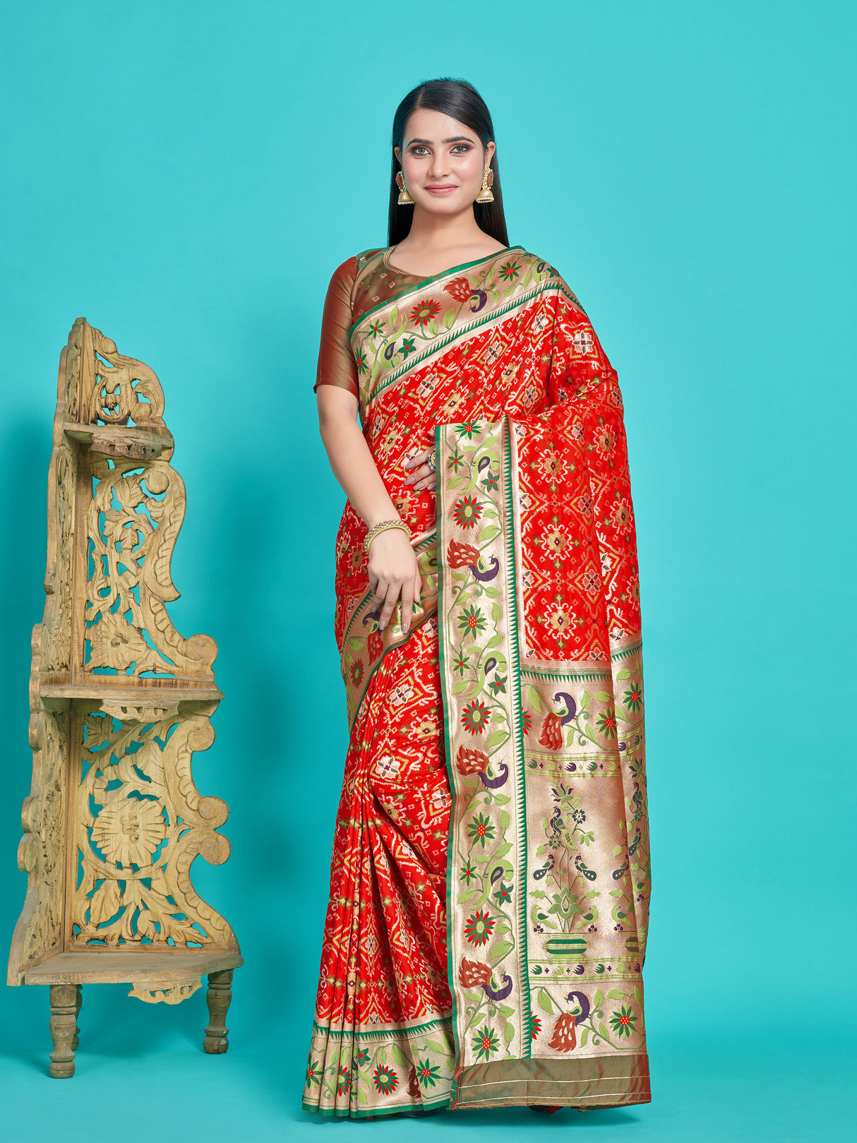 Mimosa Women's Woven Design Patola Style Art Silk Saree With Blouse Piece : SA00001379REDFREE