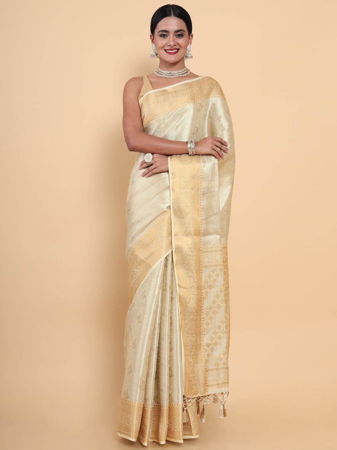 Mimosa Womens Art Silk Saree Kasavu Cream Color