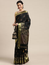 Mimosa Womens Art Silk Saree Kanjivaram Black Color