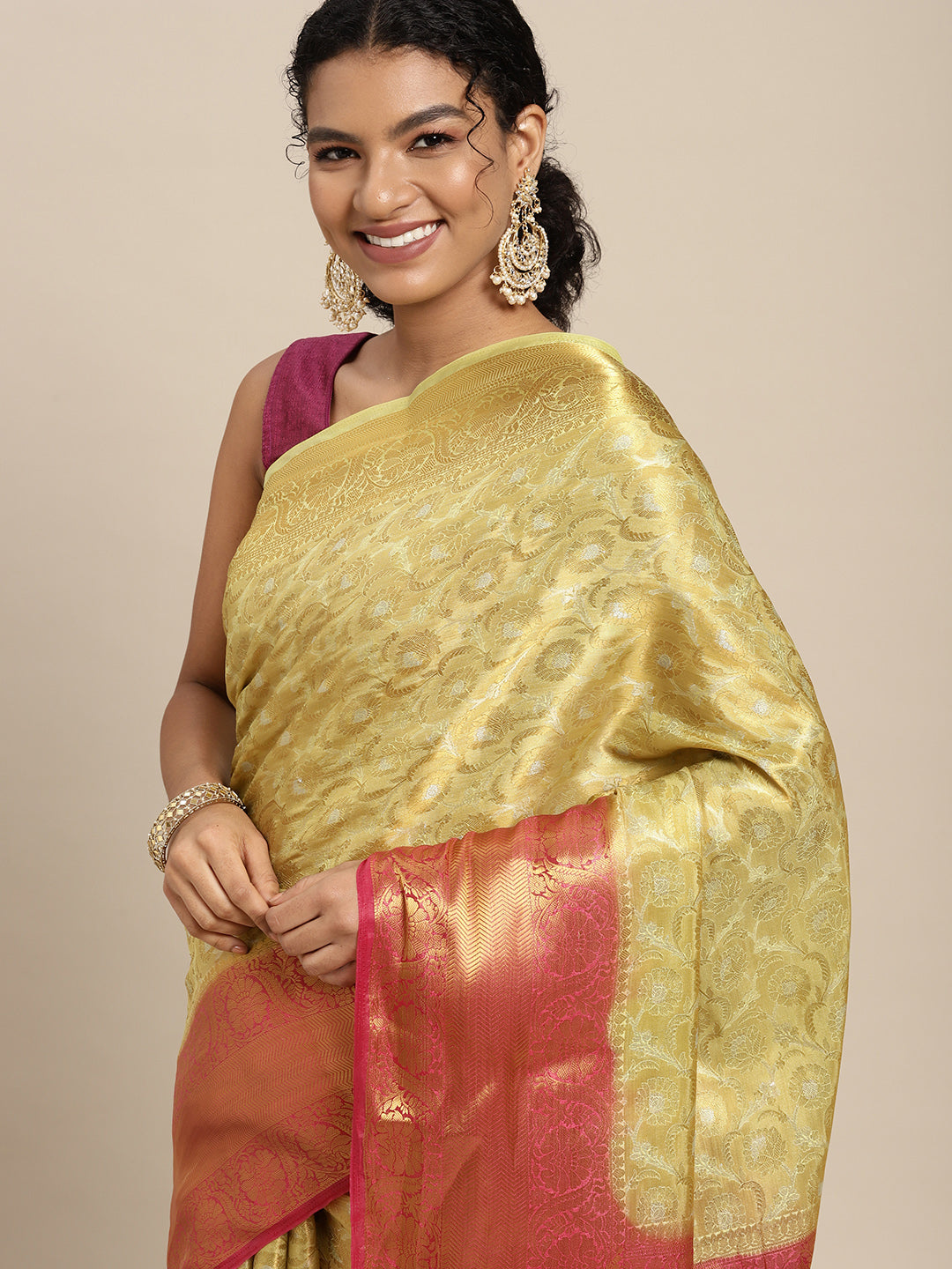 Mimosa Womens Art Silk Saree Kanjivaram Yellow Color