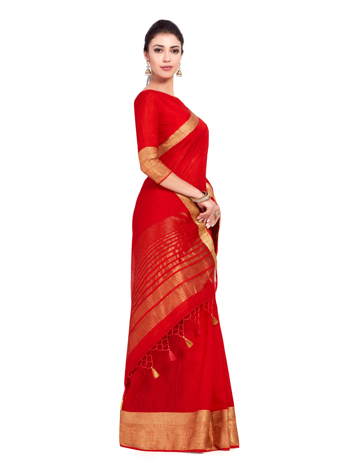 Mimosa Womens Linen Saree Kanjivaram style Red Color