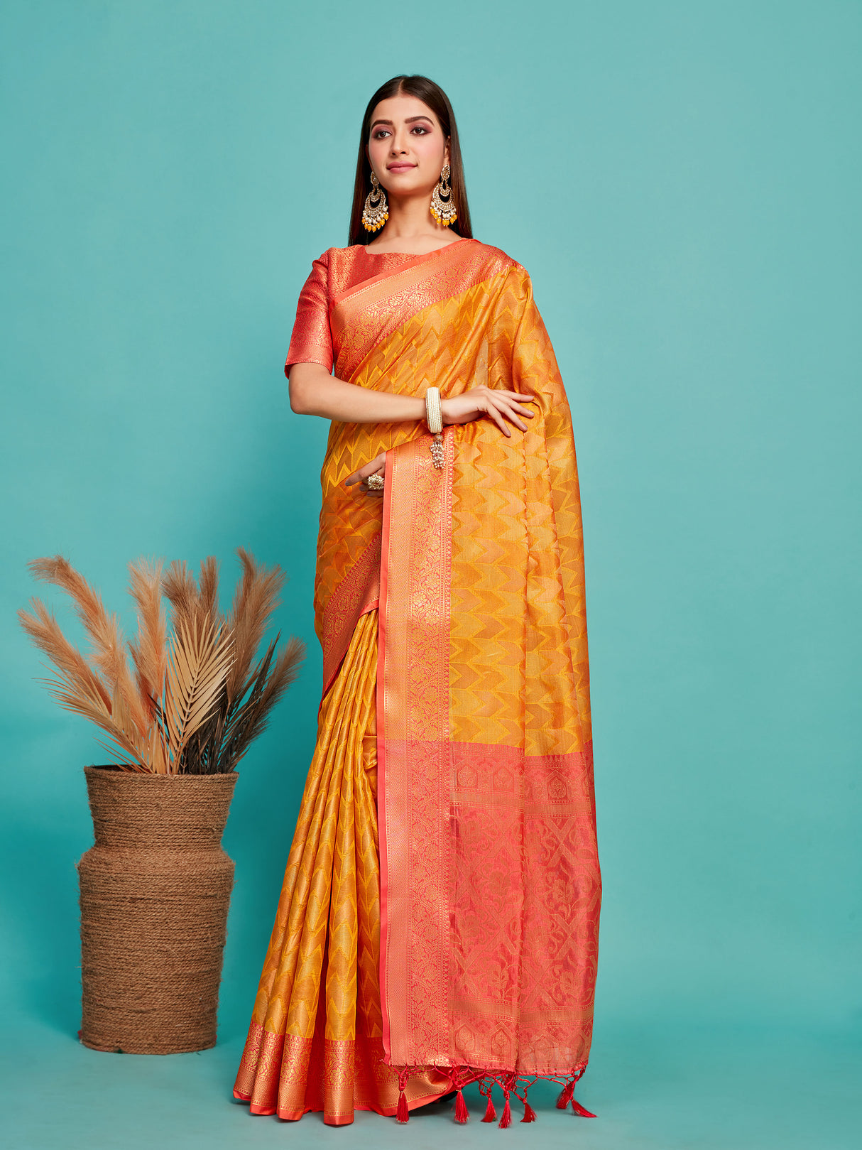 Mimosa Women's Woven Design Kanjivaram Art Silk Saree With Blouse Piece : SA00001227GDFREE