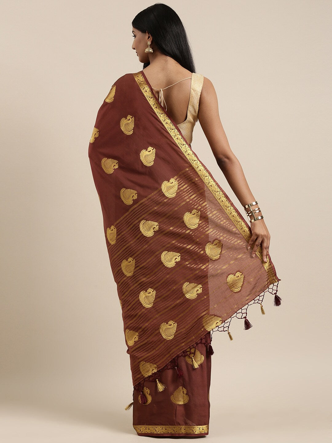 Mimosa Womens Crepe Saree Mysore Silk Chocolate Color