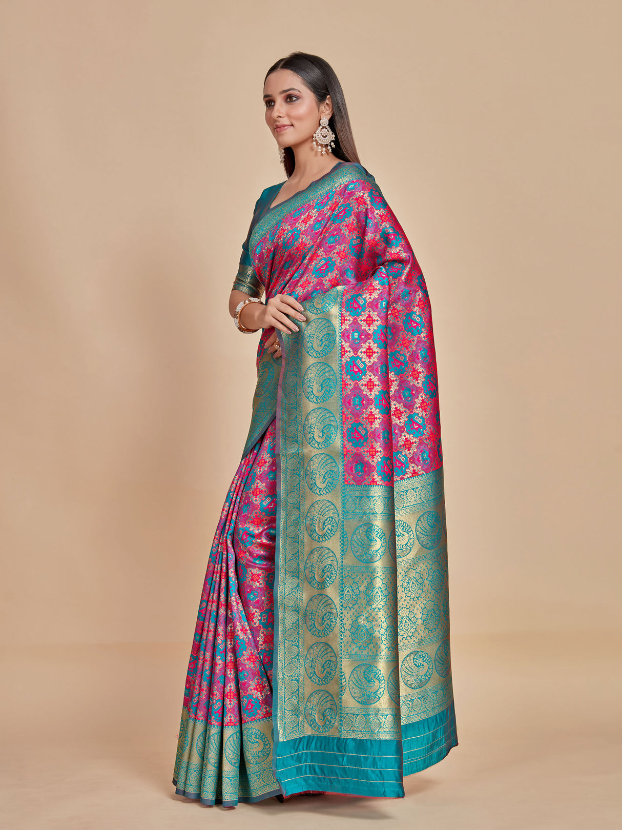 Mimosa Women's Woven Design Patola Style Art Silk Saree With Blouse Piece : SA00001346PNKFREE