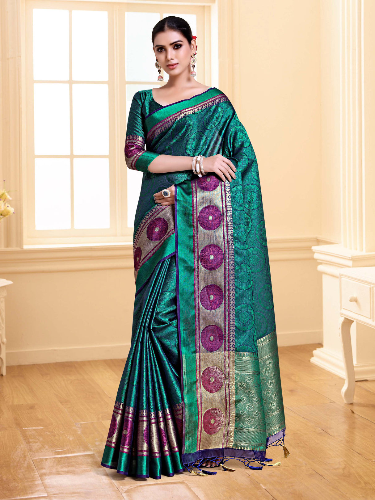 Mimosa Womens Art Silk Saree Banarasi Green Color