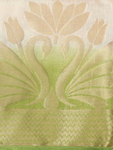 Mimosa Womens Linen Saree Kanjivaram style Halfwhite Color SKU 4506-393-2D-HWT-OLV
