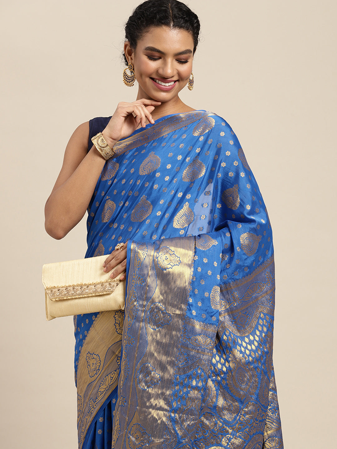 Mimosa Womens Crepe Saree Mysore Silk Royal Blue Color