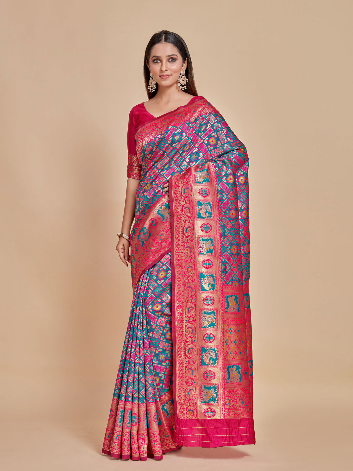 Mimosa Women's Woven Design Patola Style Art Silk Saree With Blouse Piece : SA00001344RMFREE