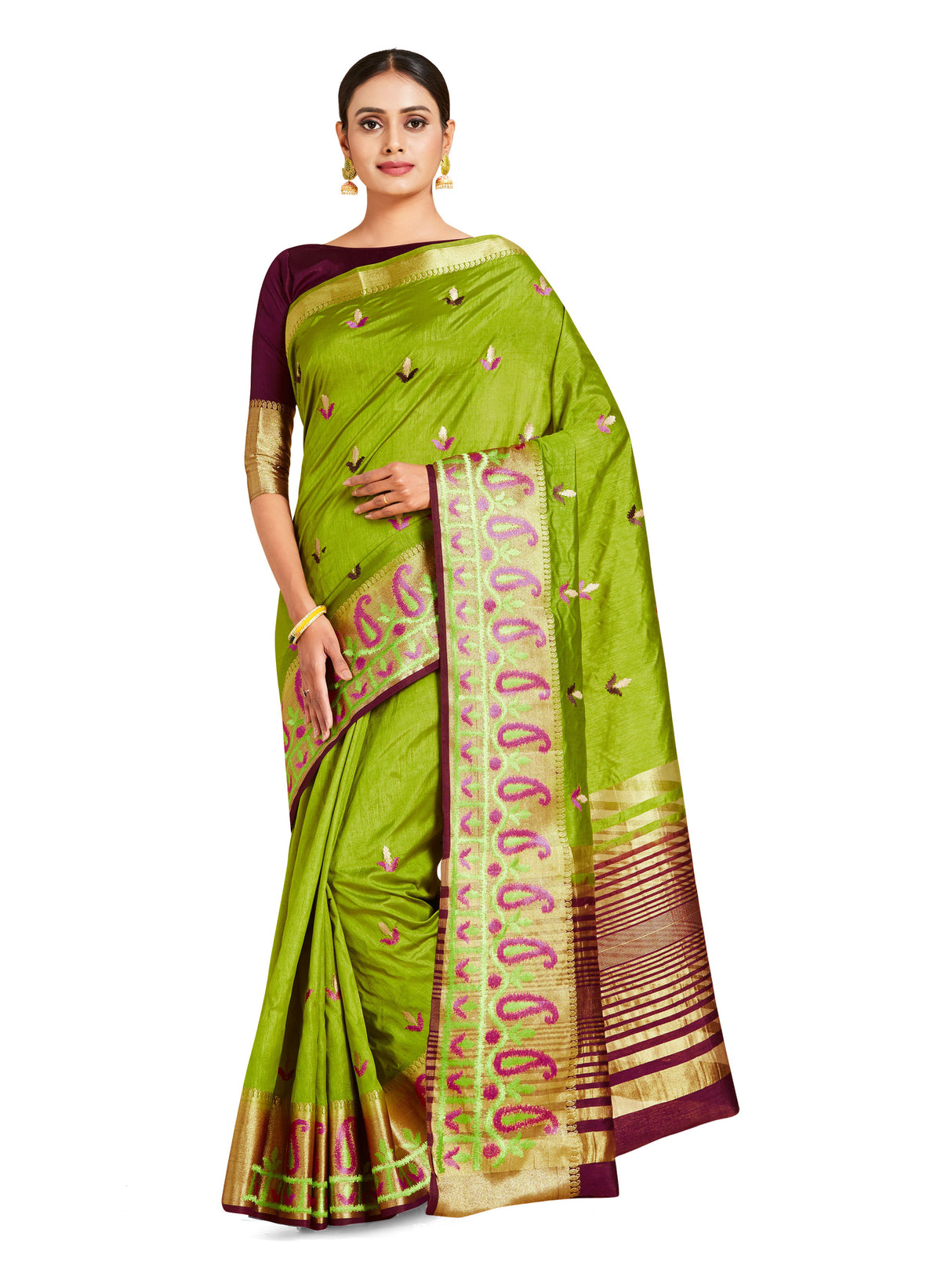 Mimosa Womens Art Silk Saree Kanjivaram Olive Color