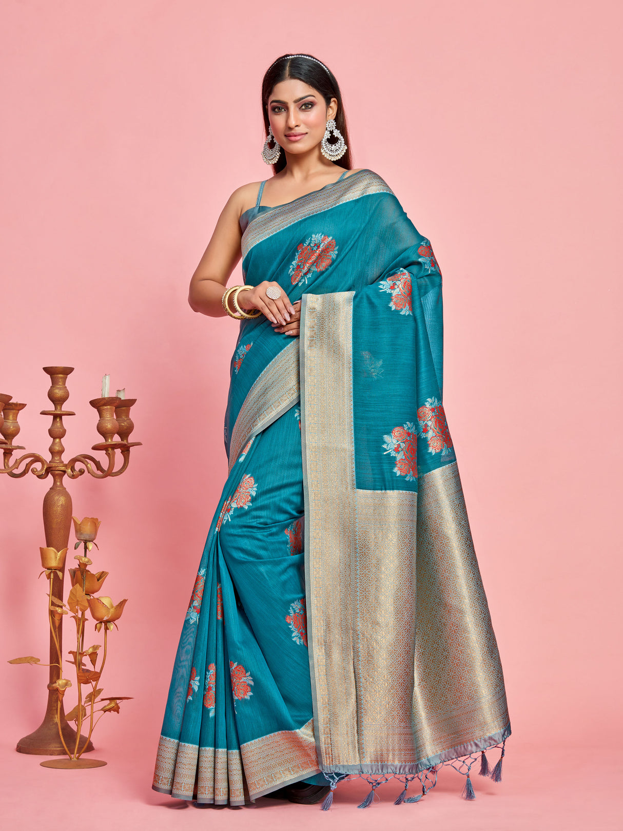 Mimosa Women's Woven Design Kanjivaram Linen Saree With Blouse Piece : SA00001231SFFREE