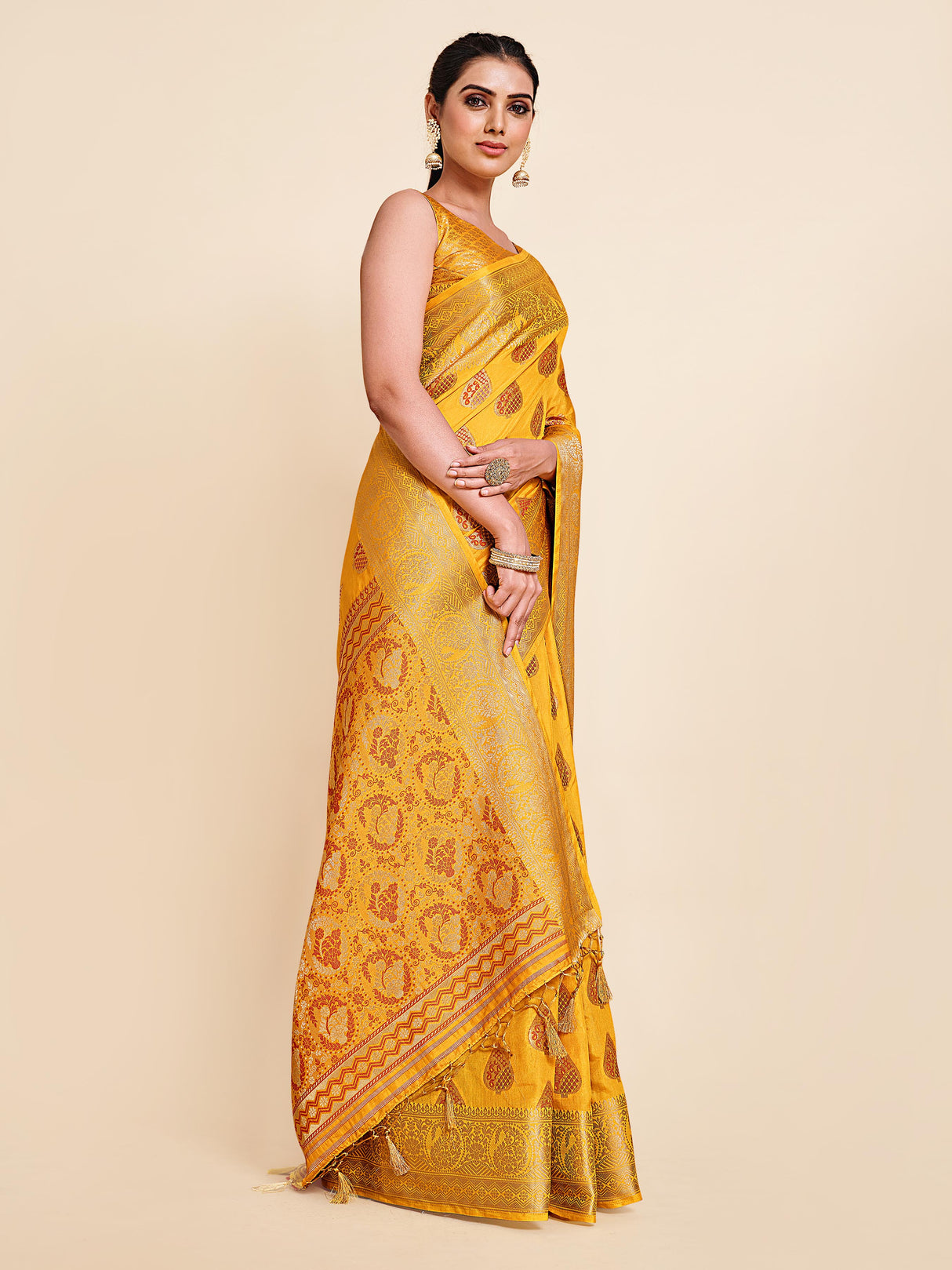 Mimosa Womens Art Silk Saree Kanjivaram Gold Color