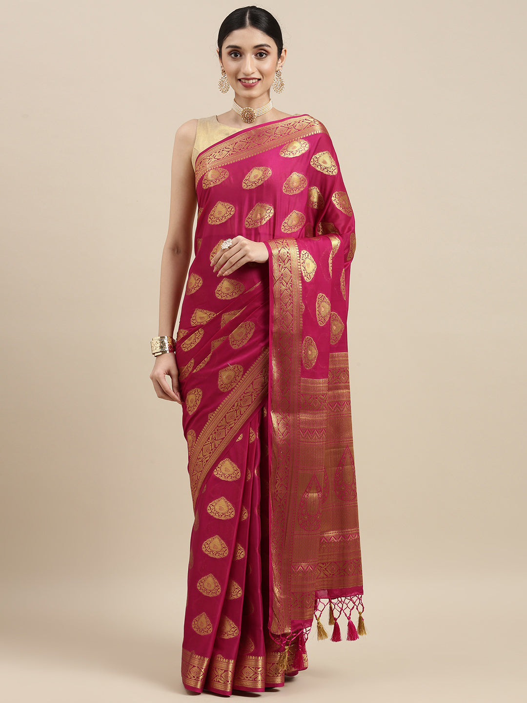 Mimosa Womens Crepe Saree Mysore Silk Rani Color