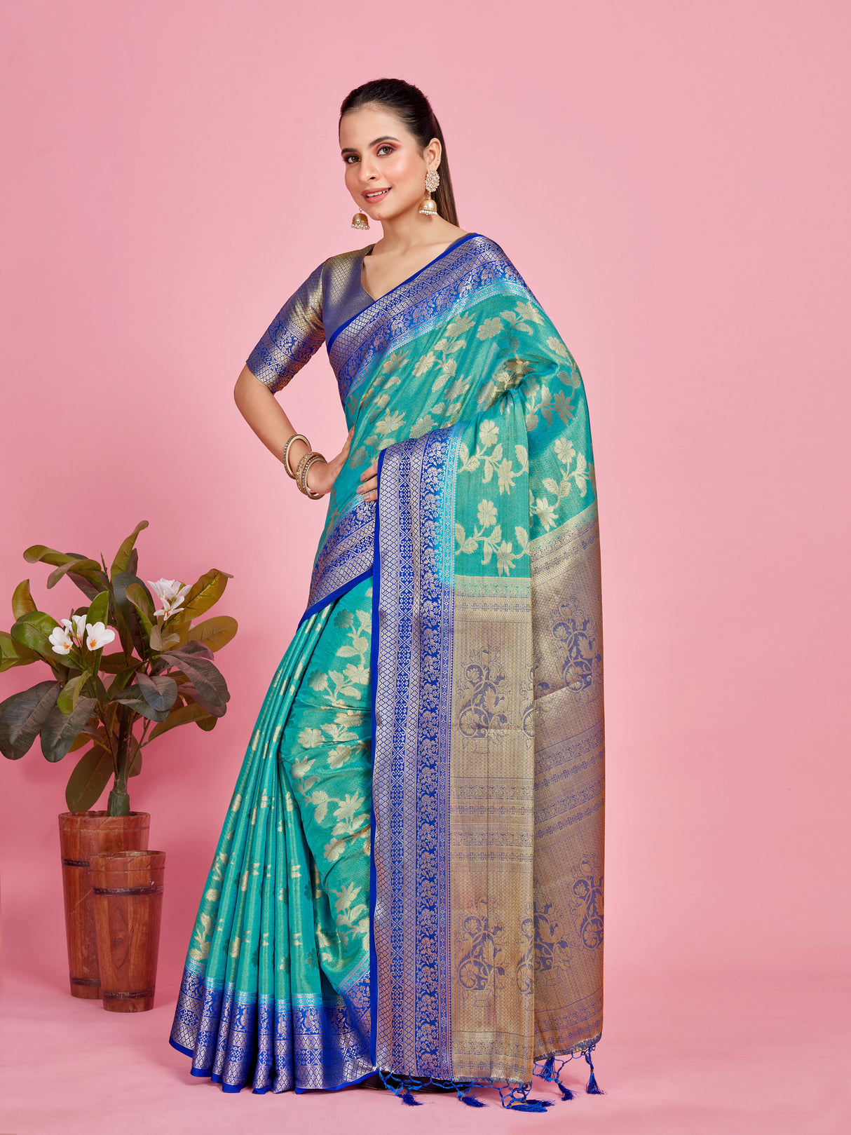 Mimosa Women's Woven Design Kanjivaram Style Art Silk Saree With Blouse Piece : SA0000374ANFREE