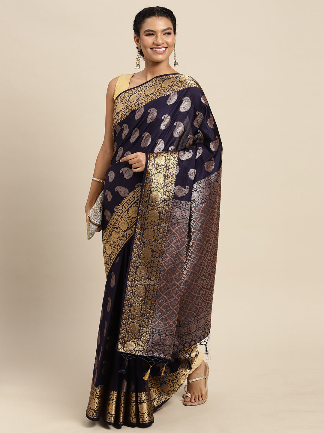 Mimosa Womens Art Silk Saree Kanjivaram Navy Blue Color