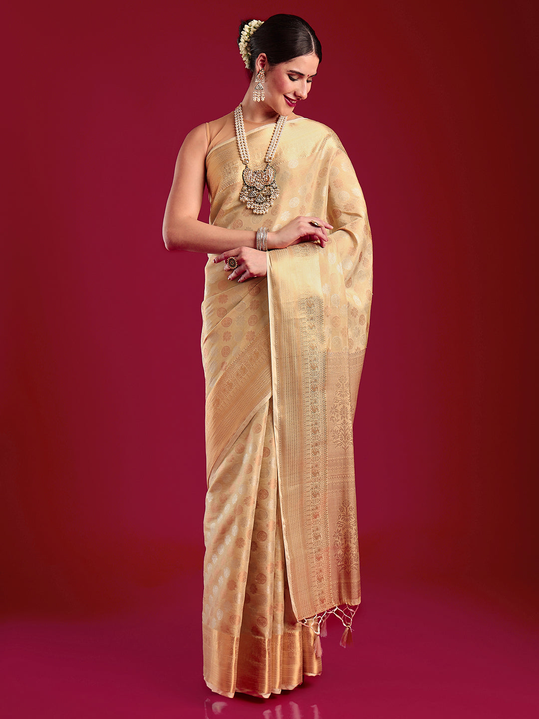 Mimosa Women's Woven Design Kanjivaram Art Silk Saree With Blouse Piece : SA00001206CRFREE