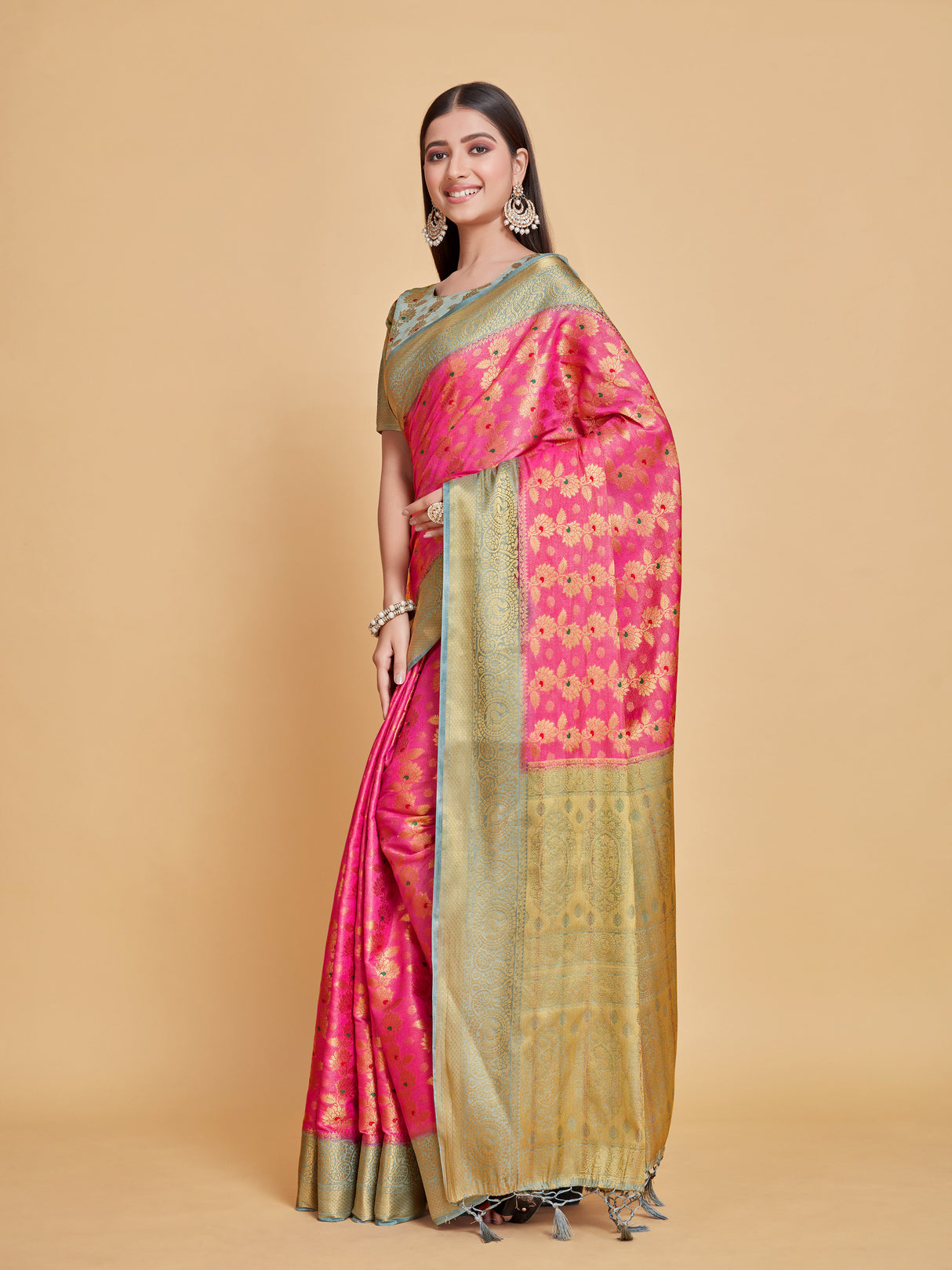 Mimosa Women's Woven Design Kanjivaram Style Art Silk Saree With Blouse Piece : SA00001125PNKFREE