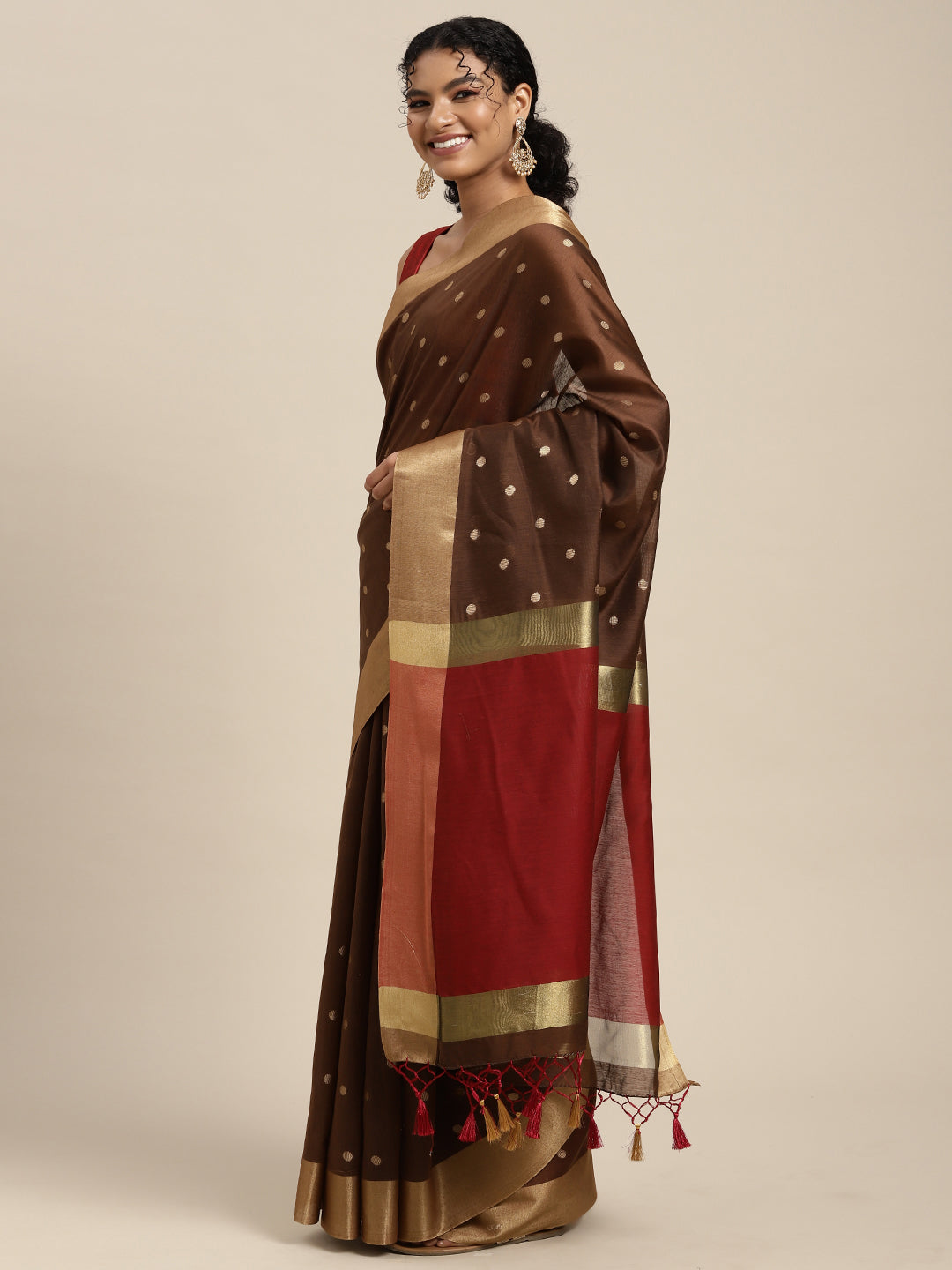 Mimosa Womens Art Silk Saree Banarasi style Brown Color