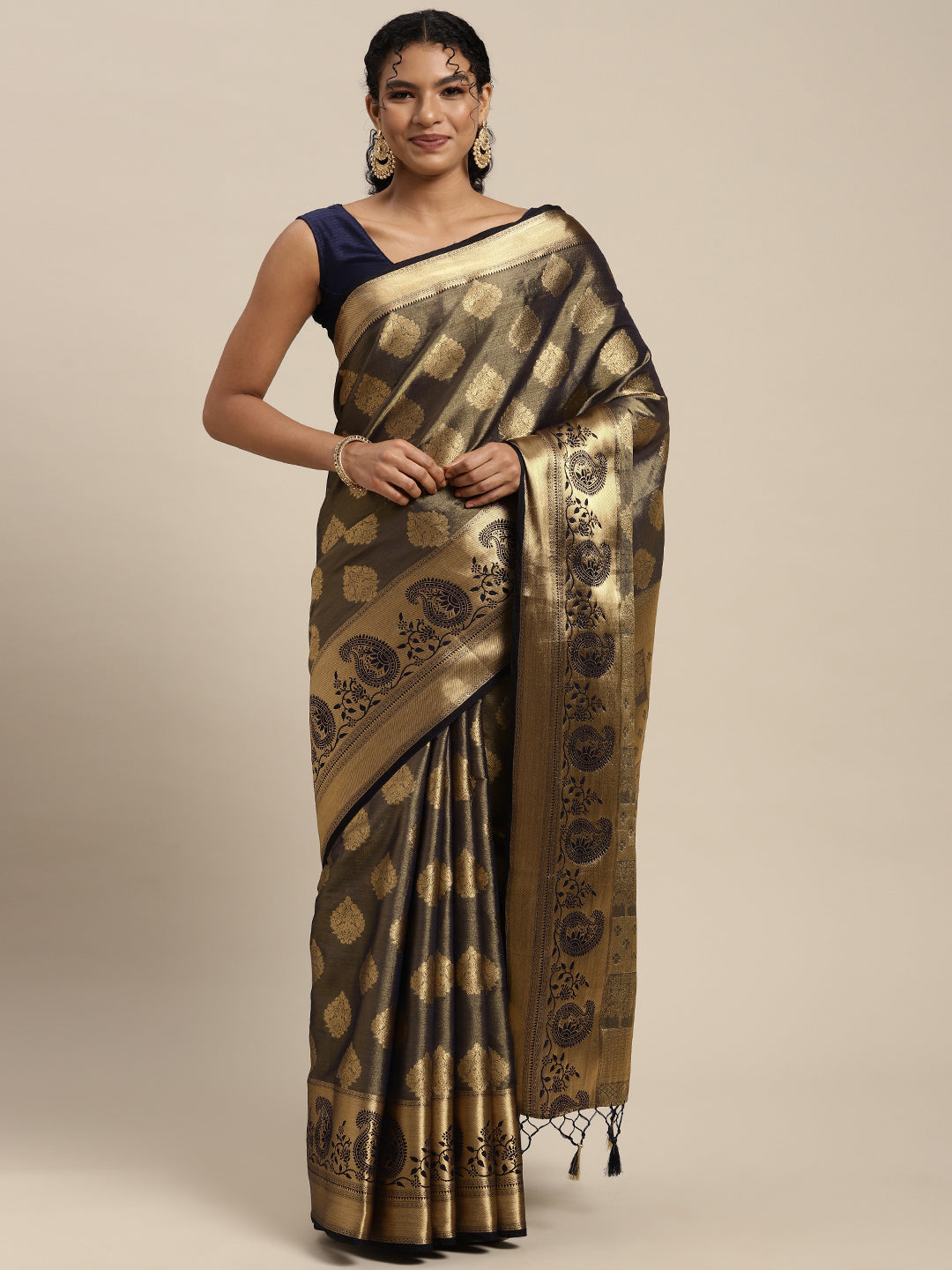 Mimosa Womens Art Silk Saree Kanjivaram Navy Blue Color