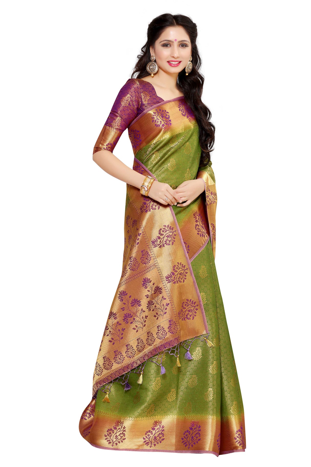 Mimosa Womens Art Silk Saree Kanjivaram Olive Color