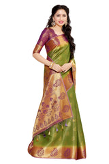 Mimosa Womens Art Silk Saree Kanjivaram Olive Color