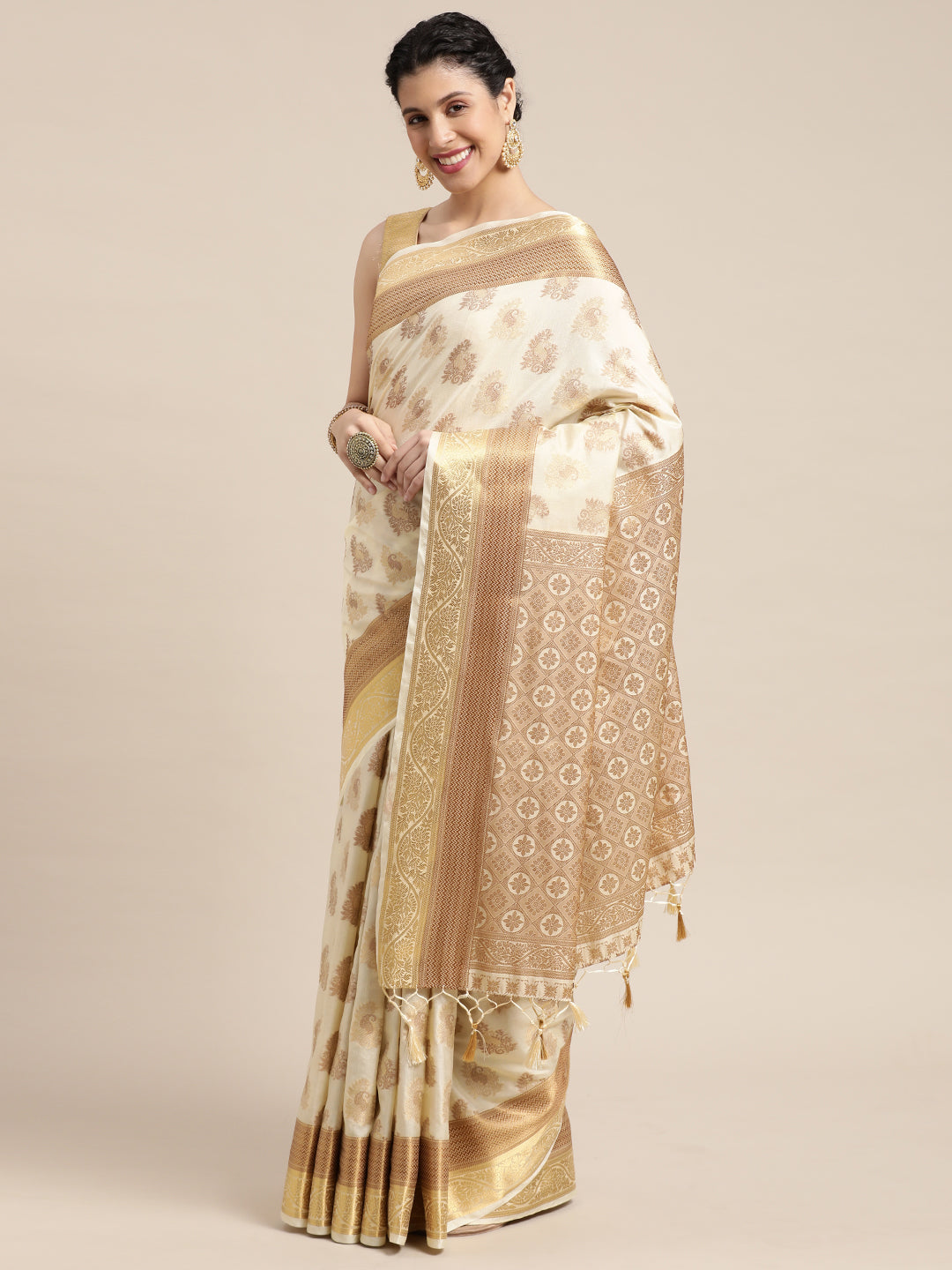 Mimosa Womens Art Silk Saree Kanjivaram Cream Color