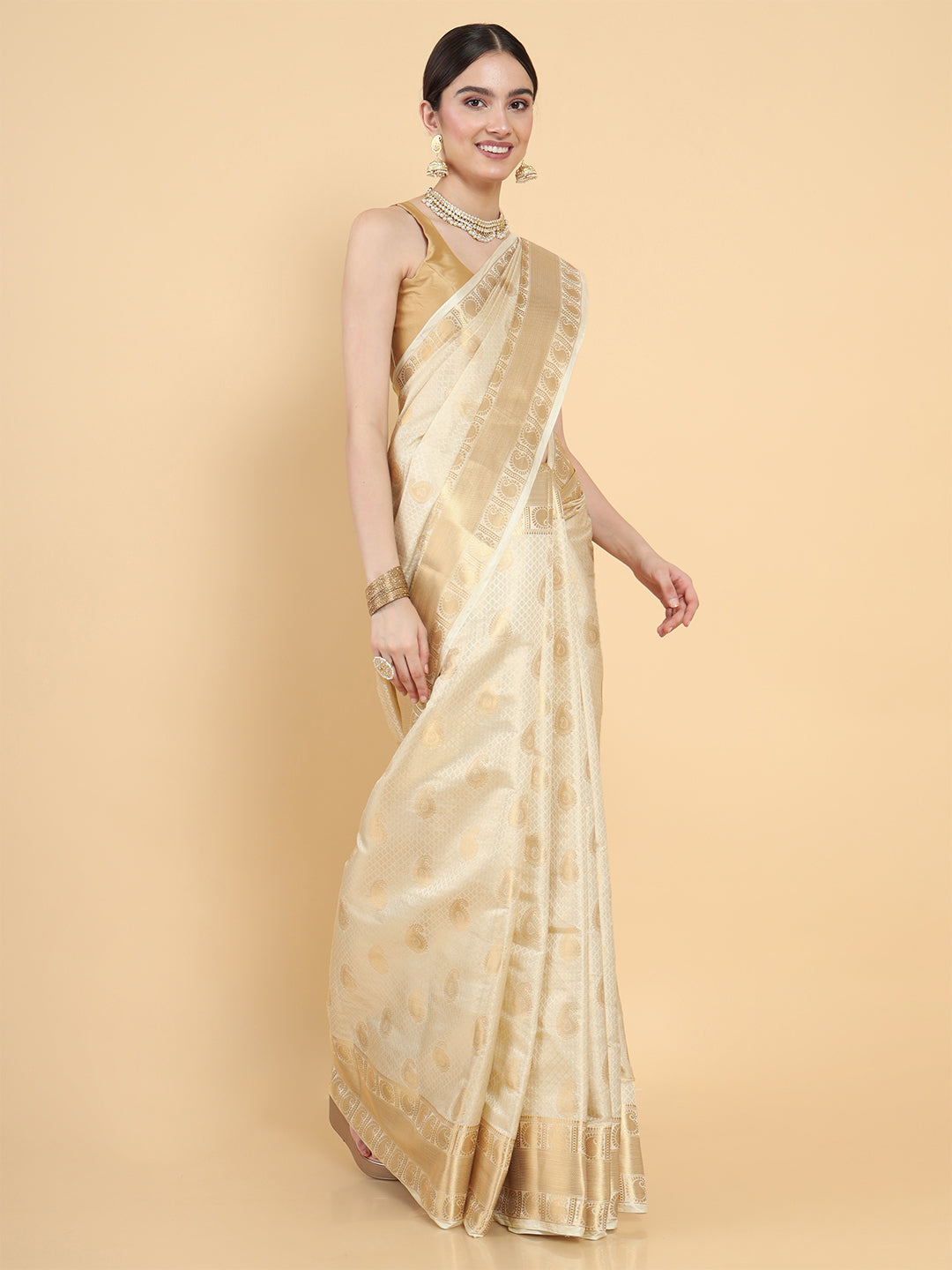 Mimosa Womens Art Silk Saree Kasavu Cream Color