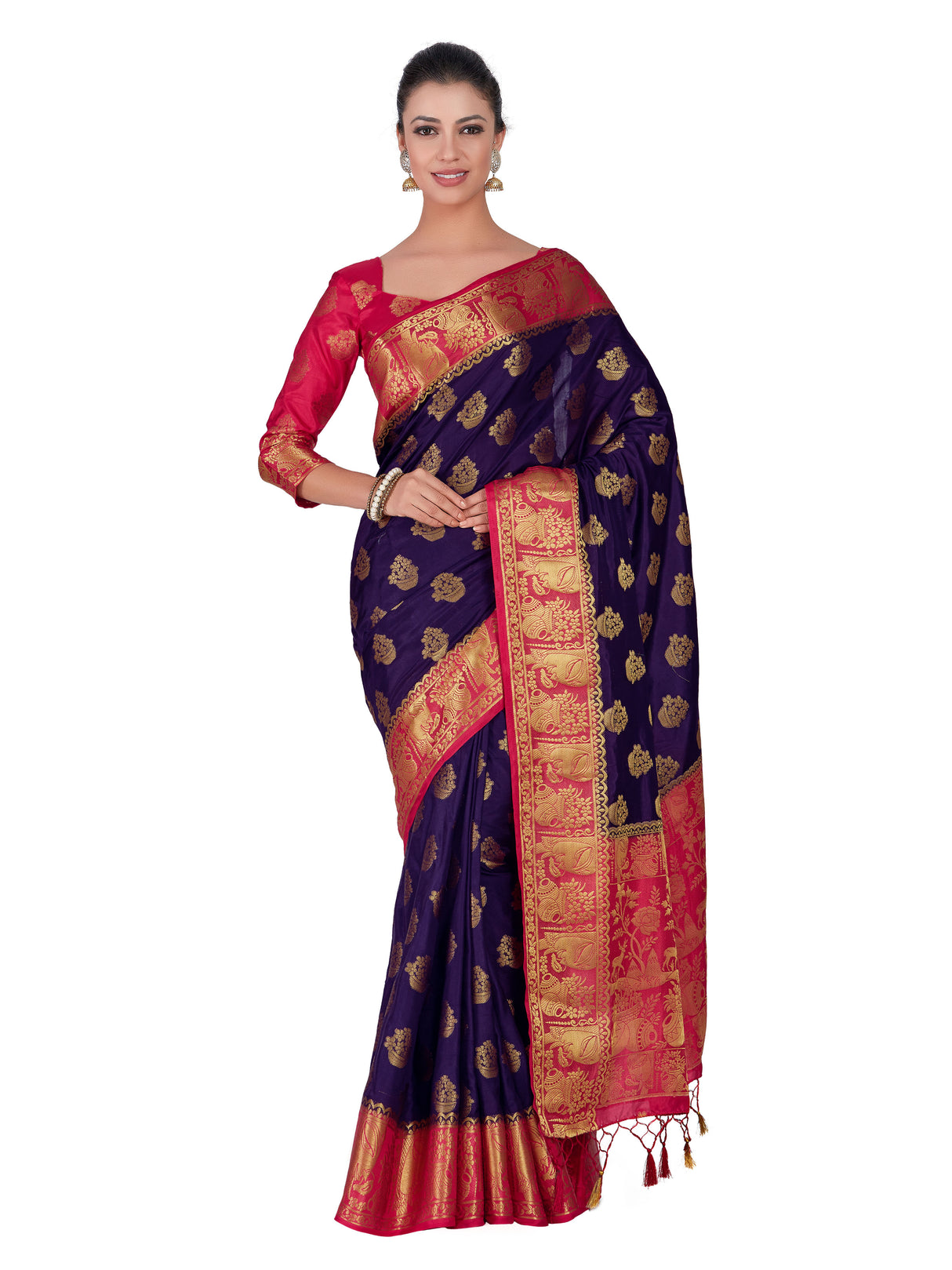 Mimosa Womens Art Silk Saree Kanjivaram Navy Blue Color