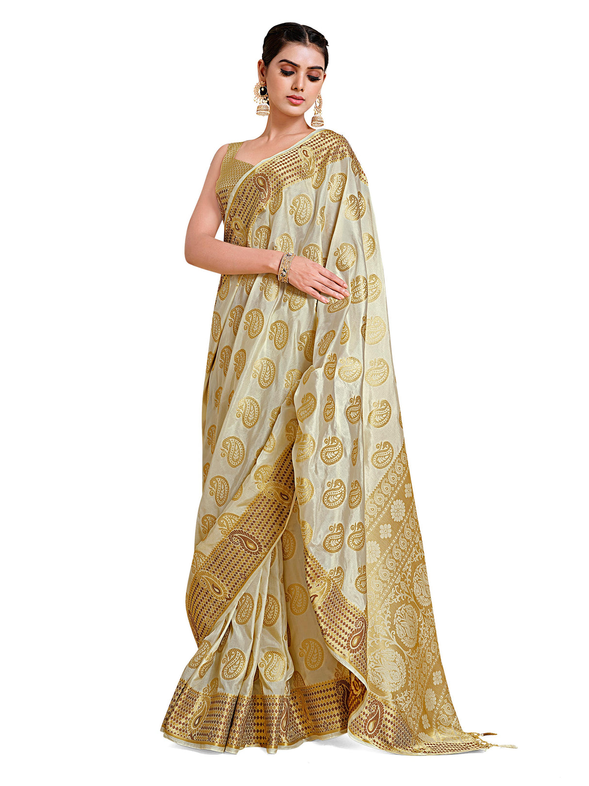 Mimosa Womens Art Silk Saree Kanjivaram Halfwhite Color