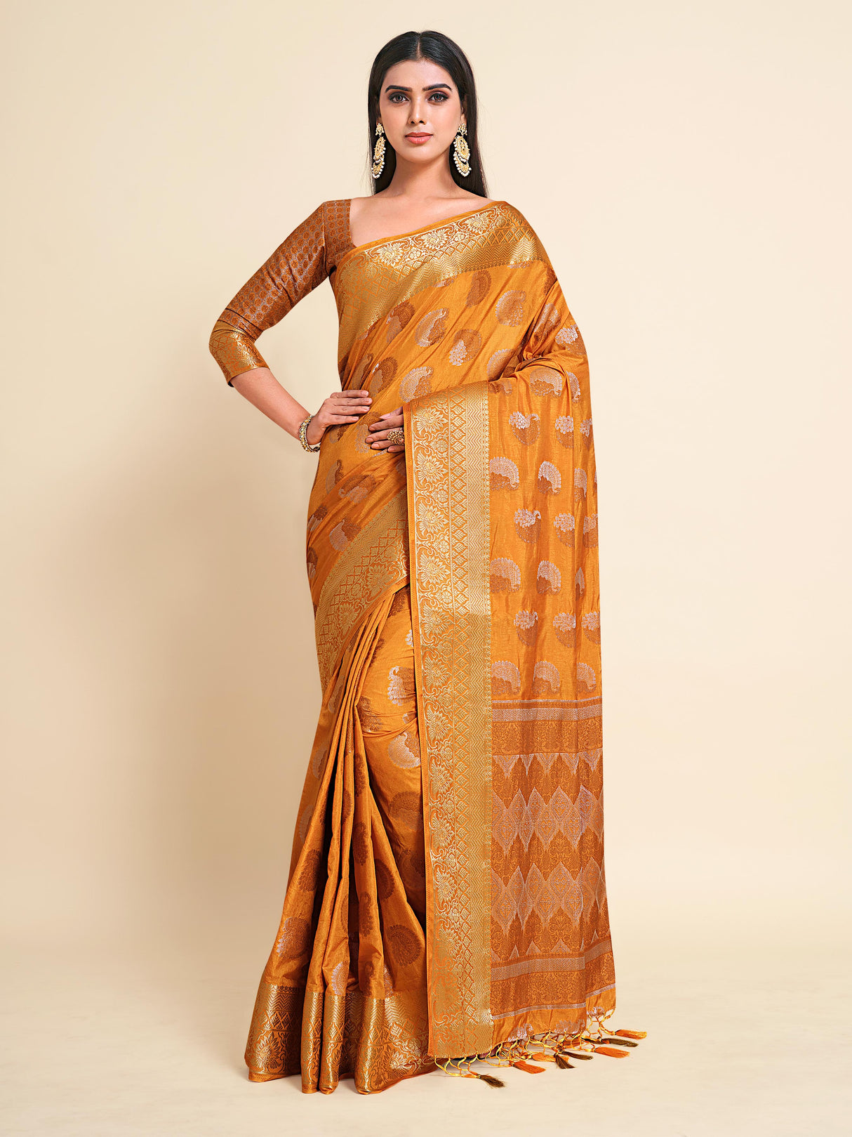 Mimosa Womens Art Silk Saree Kanjivaram Mustard Color