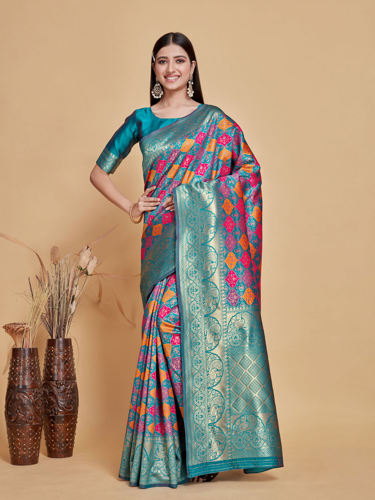 Mimosa Women's Woven Design Patola Style Art Silk Saree With Blouse Piece : SA00001343RMFREE