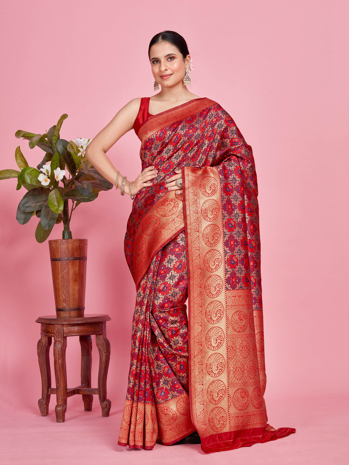 Mimosa Women's Woven Design Patola Style Art Silk Saree With Blouse Piece : SA00001346NVFREE