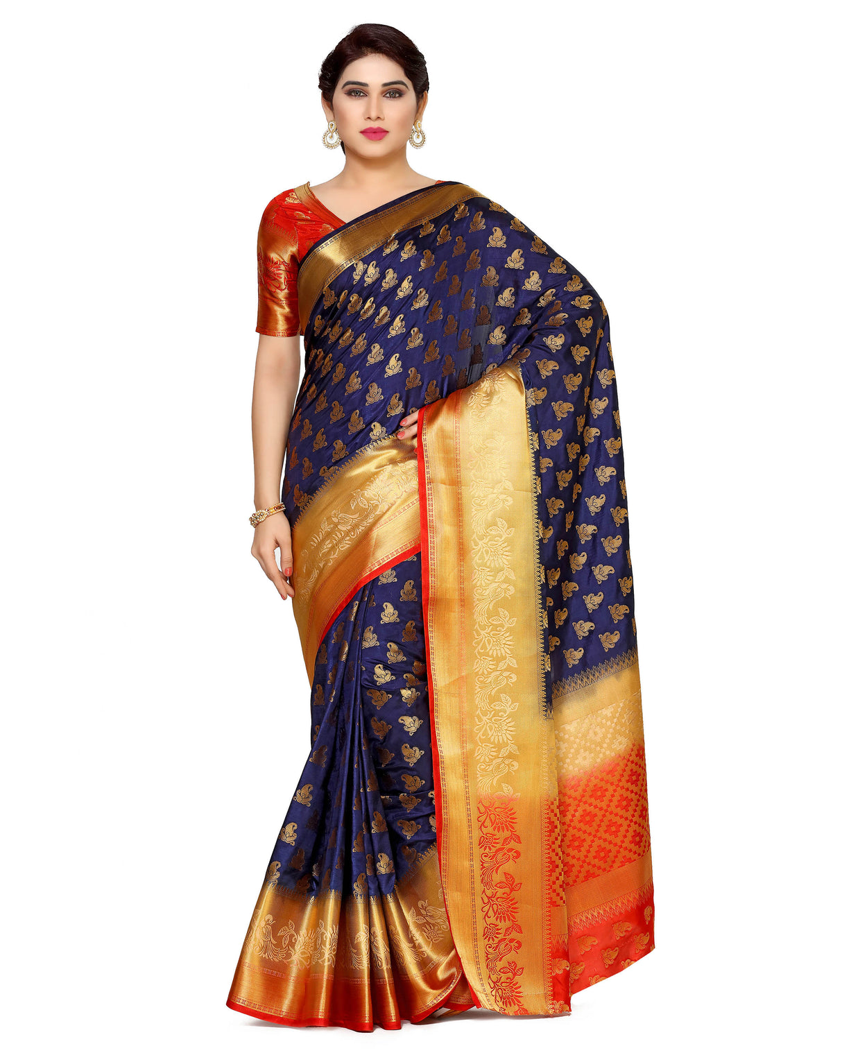 Mimosa Womens Art Silk Saree Kanjivaram Navy Blue Color