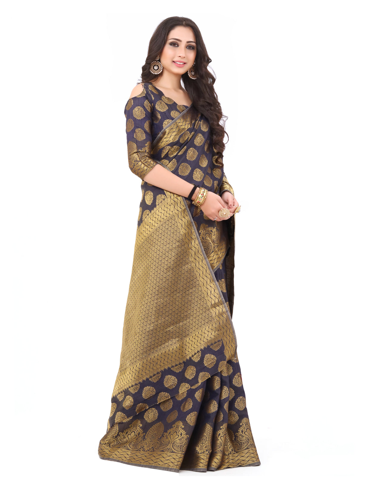 Mimosa Womens Art Silk Saree Kanjivaram Navy Blue Color