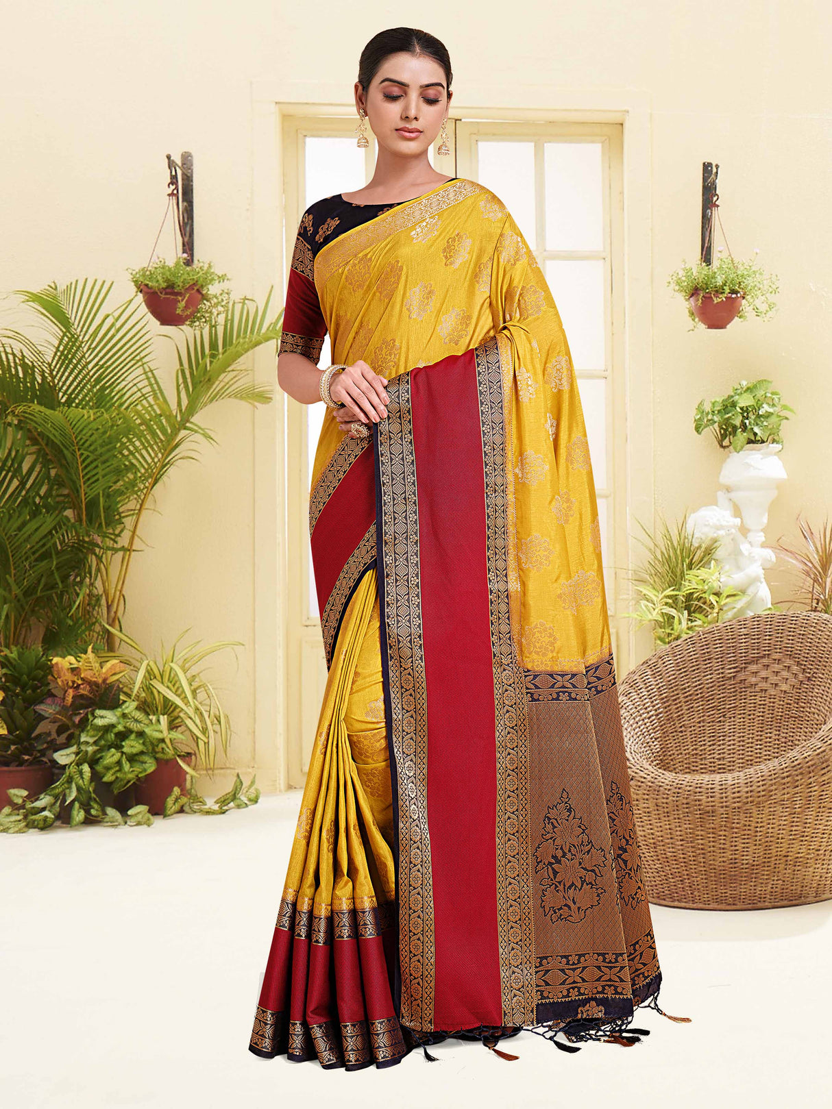 Mimosa Womens Art Silk Saree Kanjivaram Yellow Color