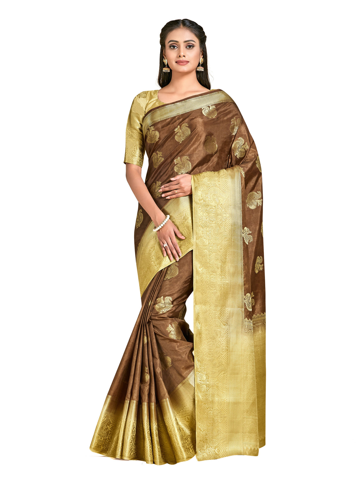 Mimosa Womens Art Silk Saree Kanjivaram Brown Color