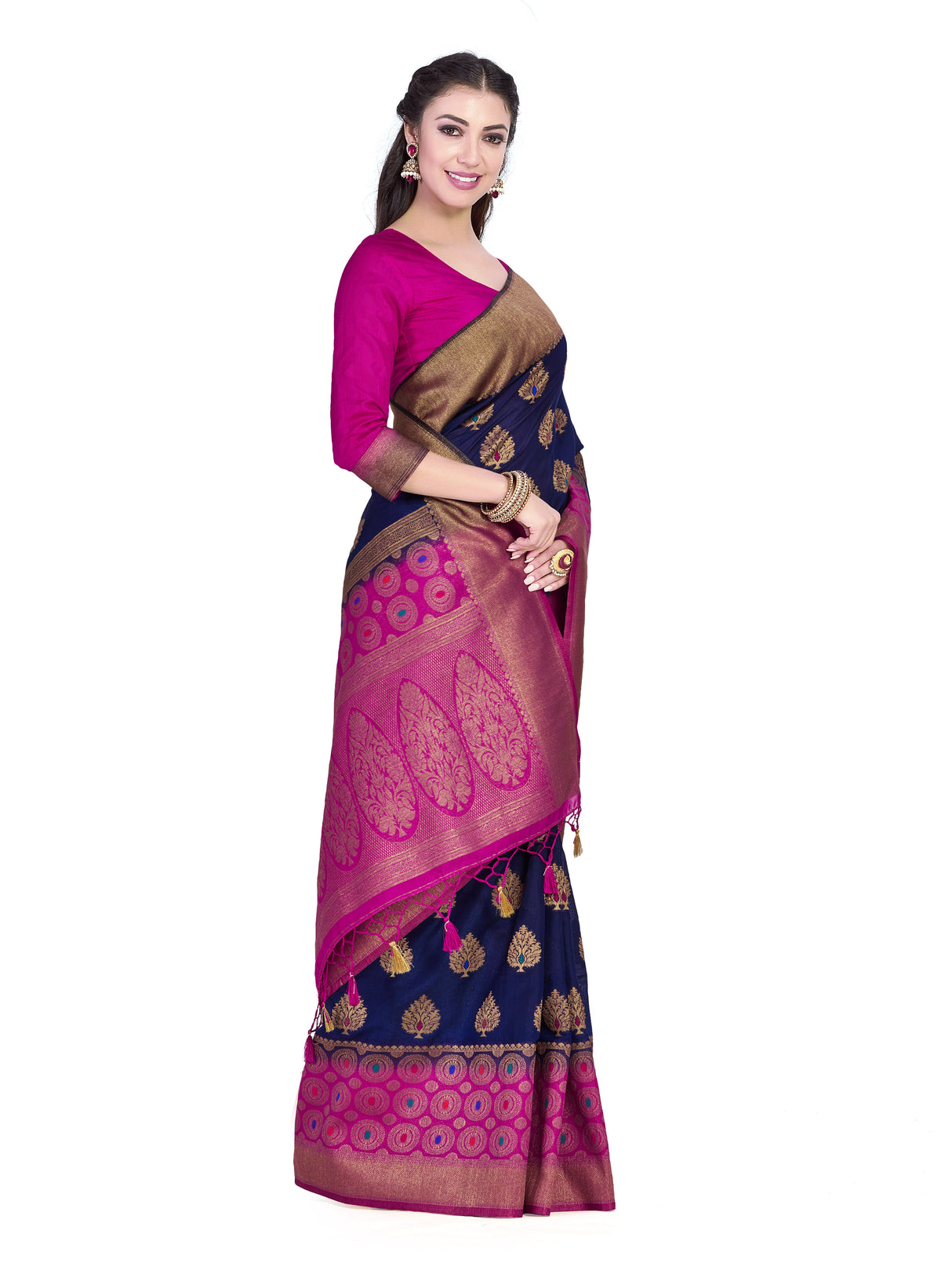 Mimosa Womens Art Silk Saree Kanjivaram Navy Blue Color