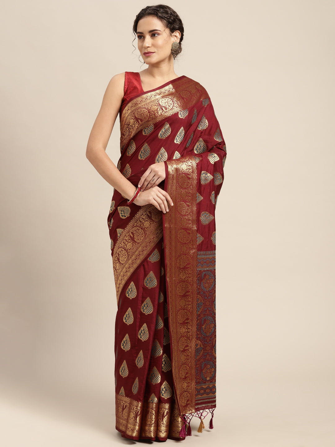 Mimosa Womens Art Silk Saree Kanjivaram Chocolate Color