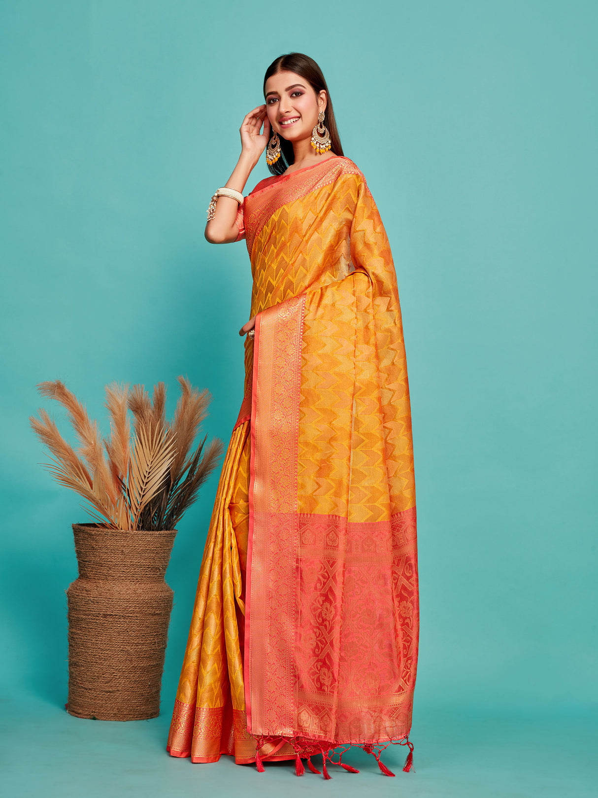 Mimosa Women's Woven Design Kanjivaram Art Silk Saree With Blouse Piece : SA00001227GDFREE