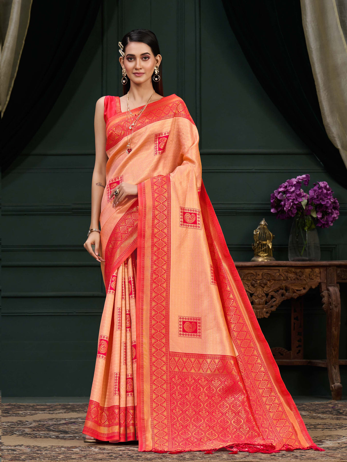 Mimosa Women's Woven Design Kanjivaram Art Silk Saree With Blouse Piece : SA0000898PNK