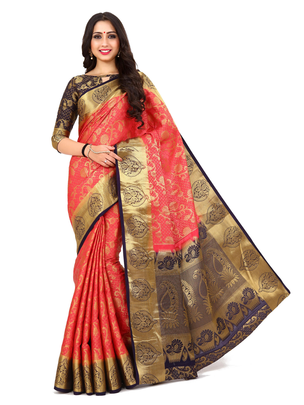 Mimosa Womens Art Silk Saree Kanjivaram Strawberry Color